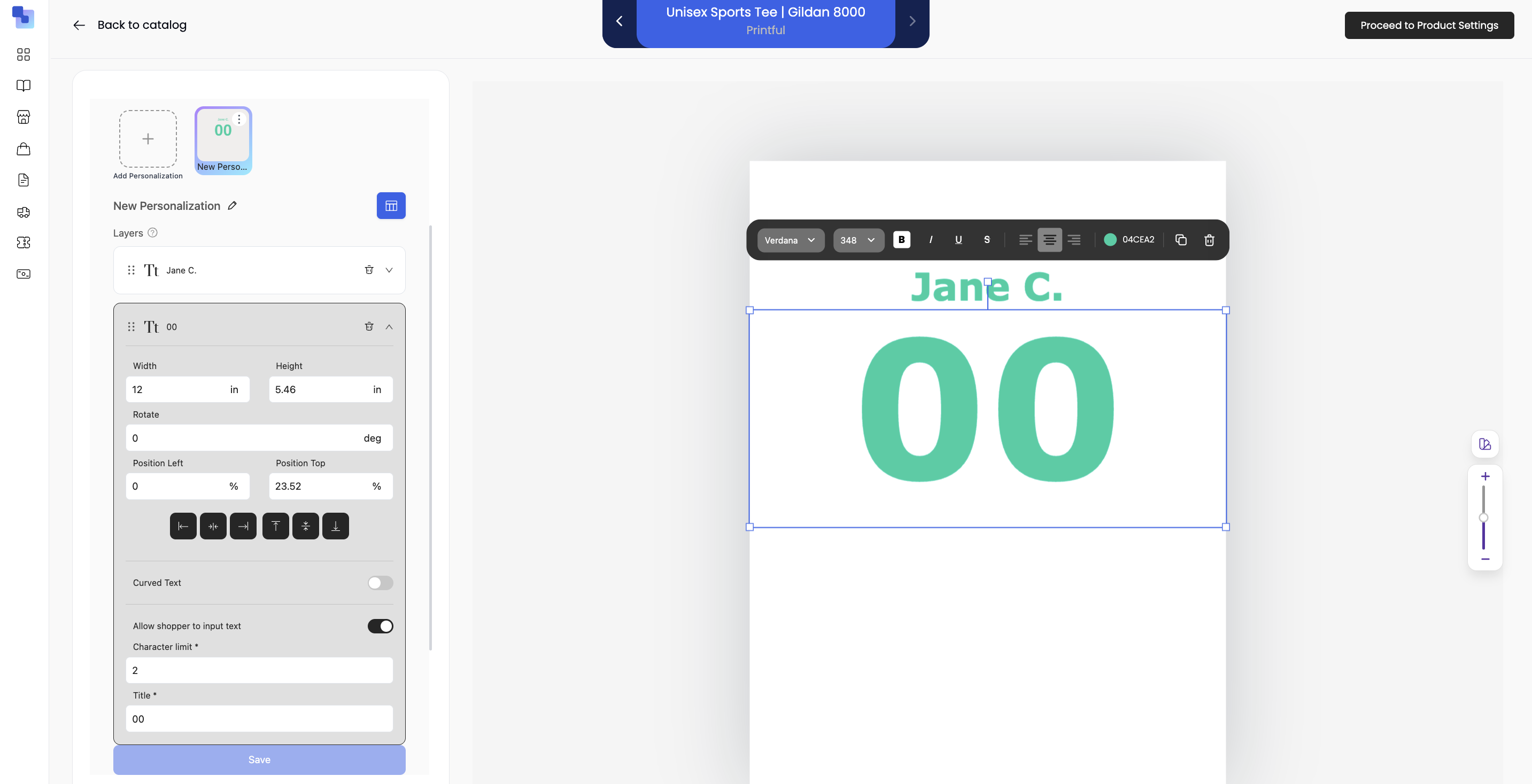 Toolbar showing the Roster icon enabled next to the New Personalization button after the Allow shopper to input text toggle is on